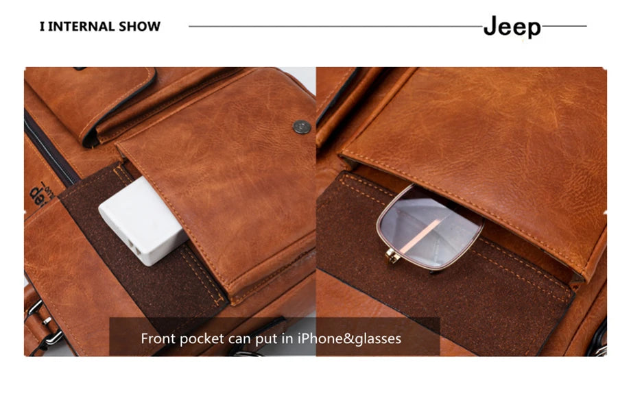 JEEP BULUO Brand Men Business Briefcase Leather Bag 2pcs/set Split for PC 13.3"