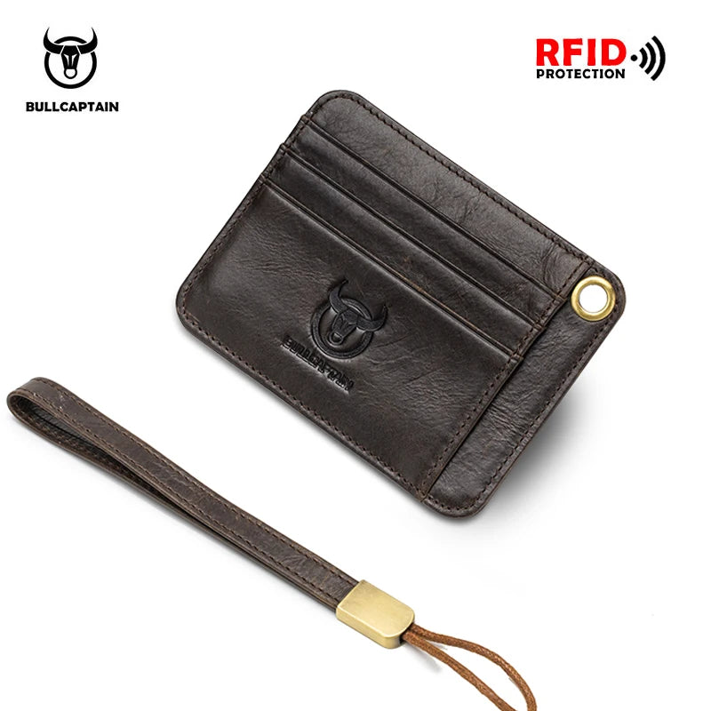BULLCAPTAIN  Genuine Leather Business Credit Card Holder mini RFID Card protection Unisex ID Holders CARDS WALLET WITH WRIST