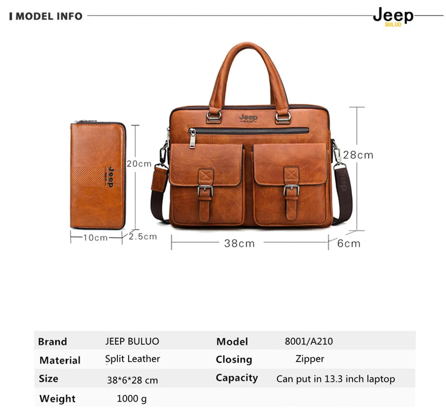 JEEP BULUO Brand Men Business Briefcase Leather Bag 2pcs/set Split for PC 13.3"
