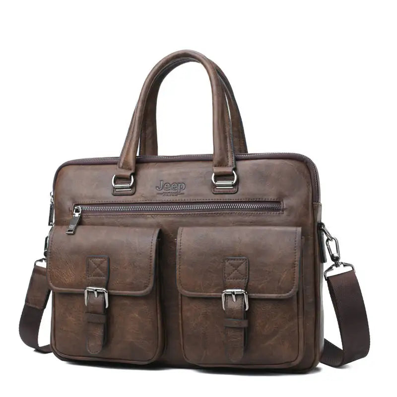 JEEP BULUO Brand Men Business Briefcase Leather Bag 2pcs/set Split for PC 13.3"
