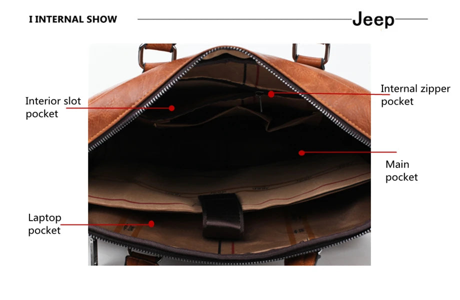 JEEP BULUO Brand Men Business Briefcase Leather Bag 2pcs/set Split for PC 13.3"