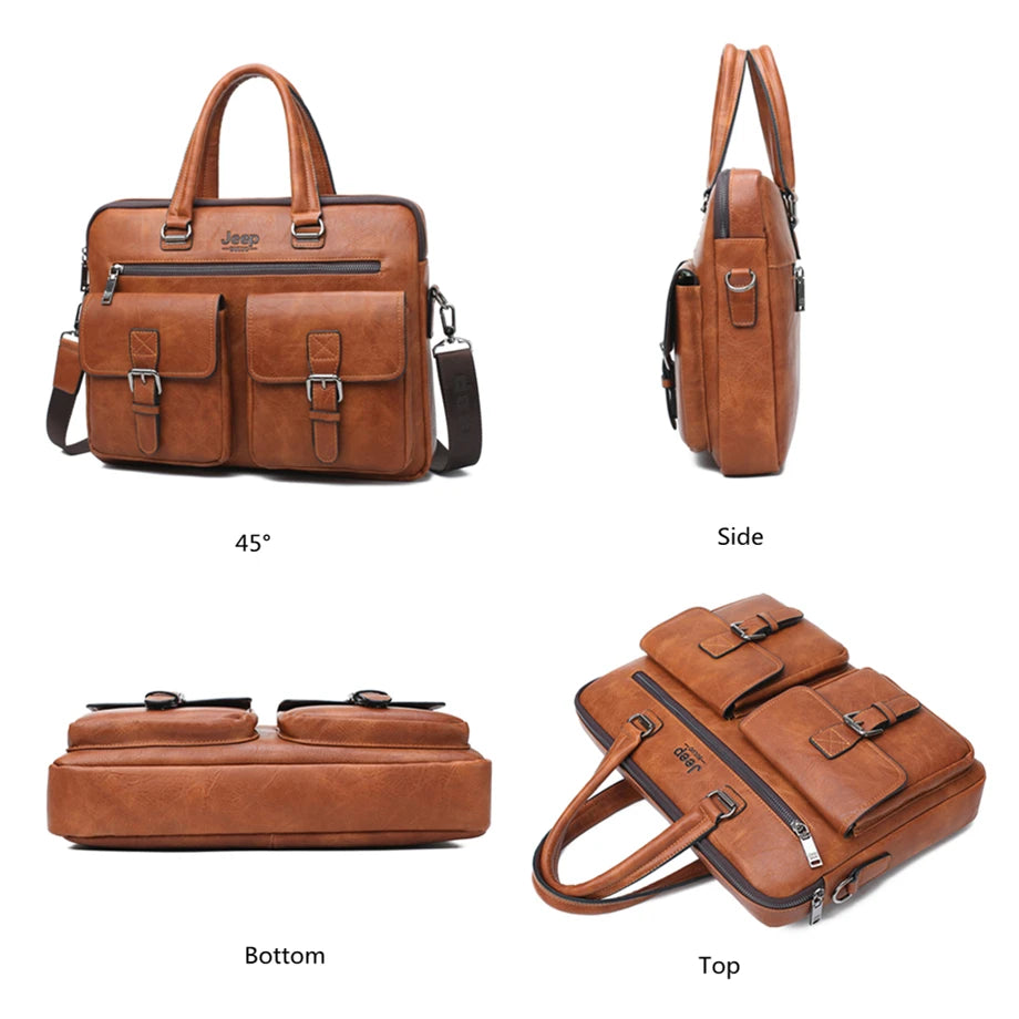 JEEP BULUO Brand Men Business Briefcase Leather Bag 2pcs/set Split for PC 13.3"