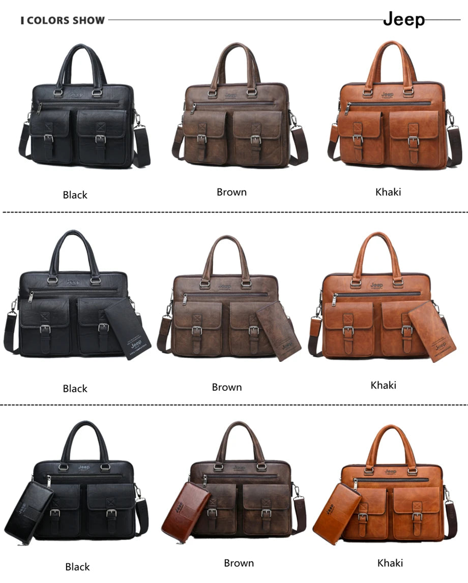 JEEP BULUO Brand Men Business Briefcase Leather Bag 2pcs/set Split for PC 13.3"