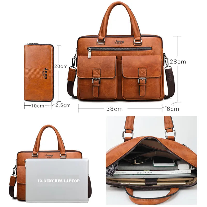 JEEP BULUO Brand Men Business Briefcase Leather Bag 2pcs/set Split for PC 13.3"