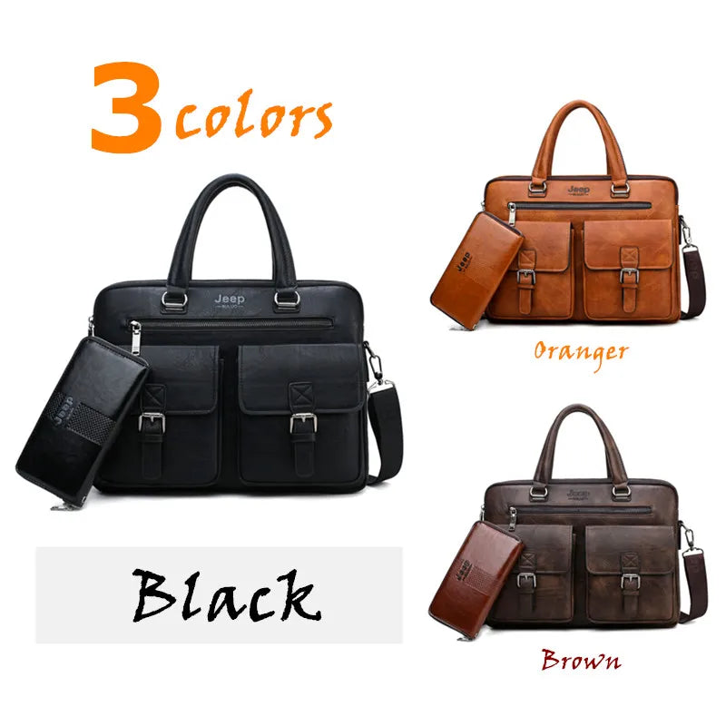 JEEP BULUO Brand Men Business Briefcase Leather Bag 2pcs/set Split for PC 13.3"