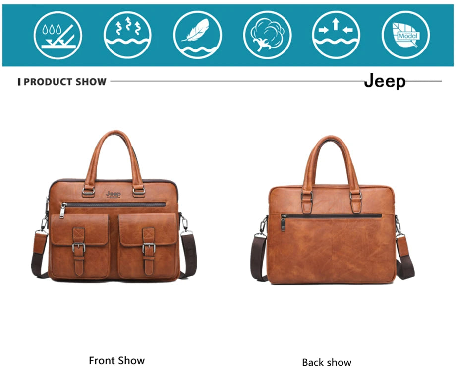 JEEP BULUO Brand Men Business Briefcase Leather Bag 2pcs/set Split for PC 13.3"