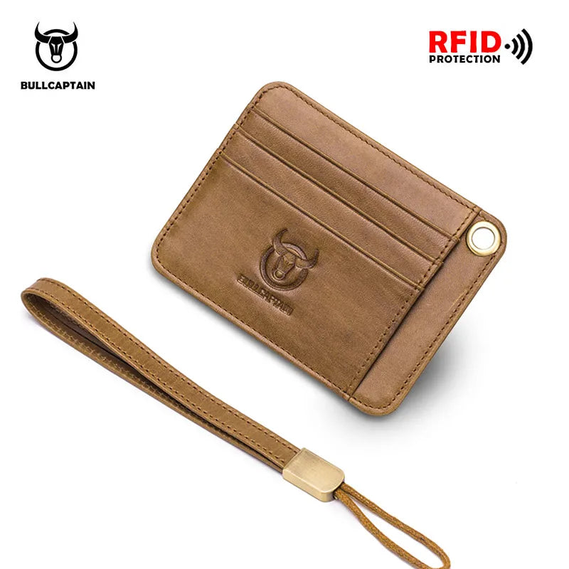 BULLCAPTAIN  Genuine Leather Business Credit Card Holder mini RFID Card protection Unisex ID Holders CARDS WALLET WITH WRIST
