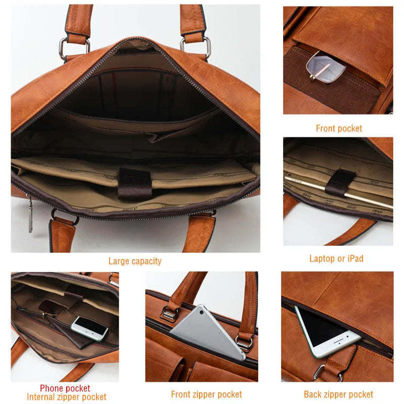JEEP BULUO Brand Men Business Briefcase Leather Bag 2pcs/set Split for PC 13.3"