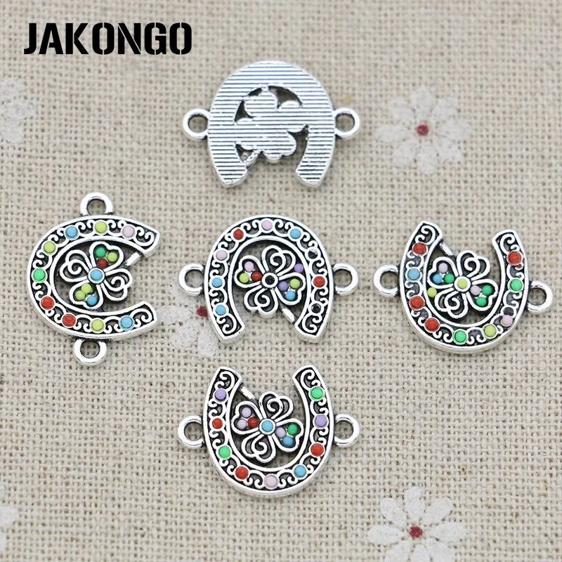 10Pcs Sliver Plated Crystal Clover Horseshoe Connectors for Jewelry Making Bracelet Findings Accessories DIY 15x20mm