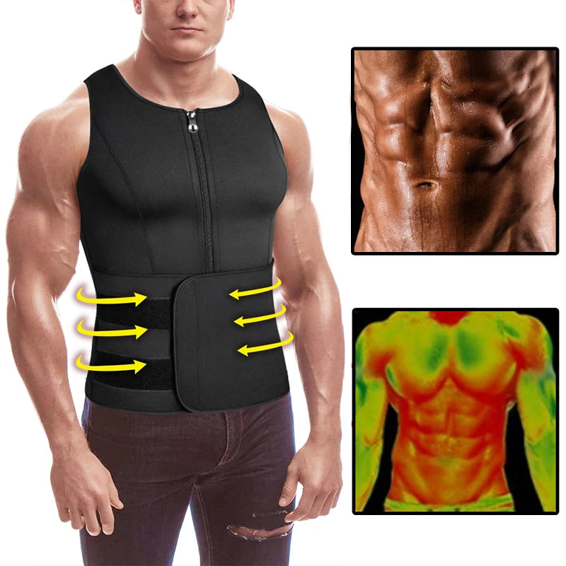 2PC Black Men Waist Sauna Vest Body Shaper Compression Tank Fat Burner Shirt