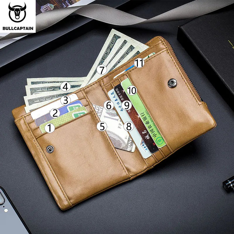 BULLCAPTAIN Leather Men's Wallet Double Coin Purse Small Mini Card Holder Pocket Business Wallet QB 057