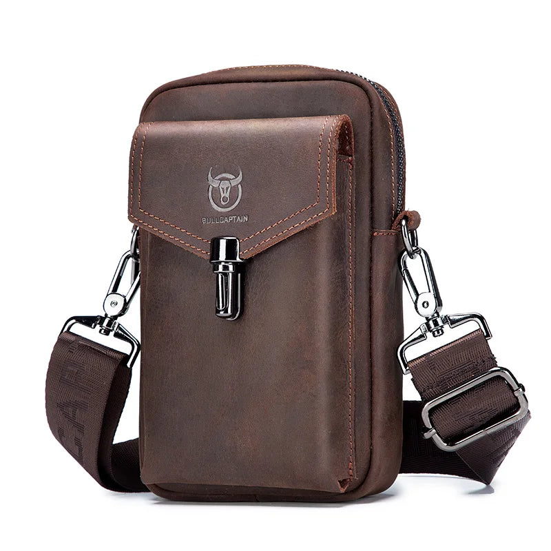 BULLCAPTAIN Crazy Horse Leather Men's Waist Bags Multifunctional 7-inch Mobile Phone Bag Bag Male Shoulder Messenger Bages Brown