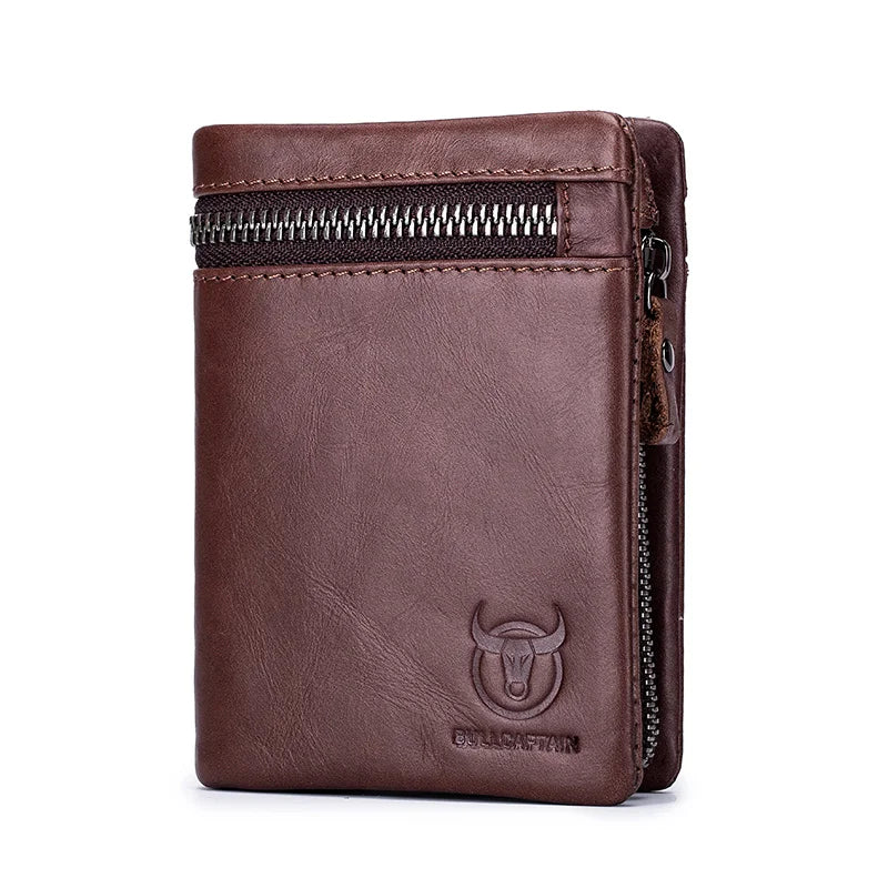 BULLCAPTAIN Short Tri-Fold Buckle Zipper Wallet Men's Cow Leather Wallet Coin Purse Money Bag Business Card Holder RFID Holder