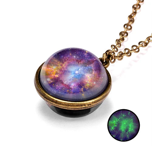 Unique Luminous Universe Galaxy Planet Glass Necklace Glow In The Dark Cosmic Ball Pendant Necklace for Unisex Vintage Jewelry