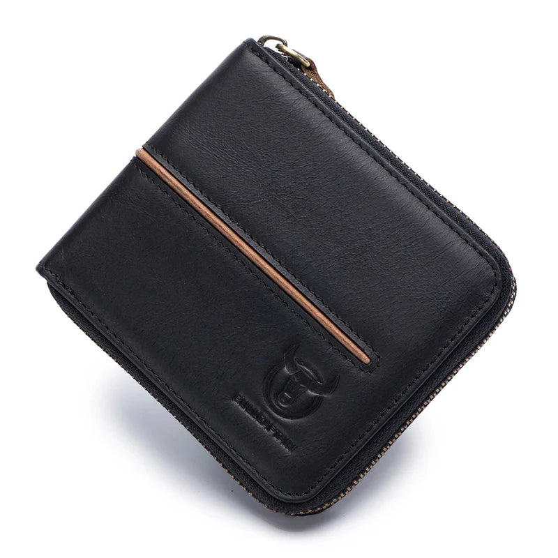 BULLCAPTAIN Genuine Leather Men's Wallet Vintage Zipper with Partition Clip RFID Credit Card Holder Burglar Leather Mini Wallet