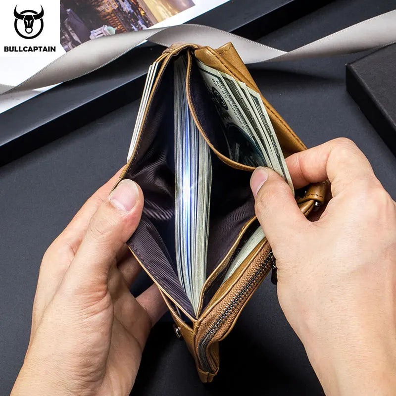 BULLCAPTAIN Leather Men's Wallet Double Coin Purse Small Mini Card Holder Pocket Business Wallet QB 057