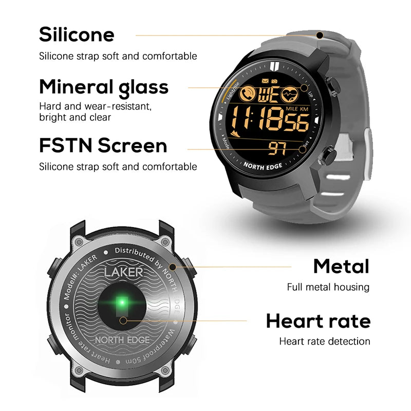 NORTH EDGE Smart Watch Heart Rate Waterproof 50M Running Pedometer iOS Android