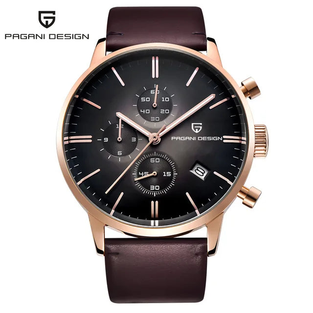 PAGANI Men' Waterproof Watches 30m Luxury Rose Leather Quartz Chronograph Watch