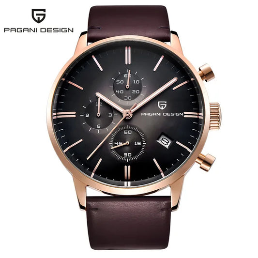 PAGANI Men' Waterproof Watches 30m Luxury Rose Leather Quartz Chronograph Watch