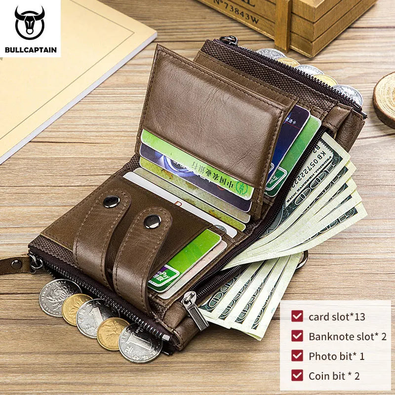 BULLCAPTAIN Men's Zipper Wallet Rfid Wallet Multifunction Storage Bag Coin Purse Wallet's Card Bags Genuine Leather Purse Male