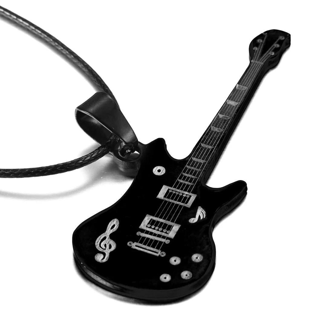 Fashion Cool Punk Black Stainless Steel Guitar Pendant Necklaces Men Women Leather Chain Hiphop Rock Collar Jewelry Dropshipping