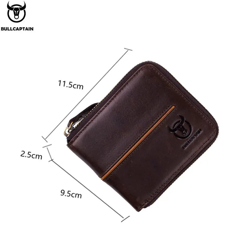 BULLCAPTAIN Genuine Leather Men's Wallet Vintage Zipper with Partition Clip RFID Credit Card Holder Burglar Leather Mini Wallet