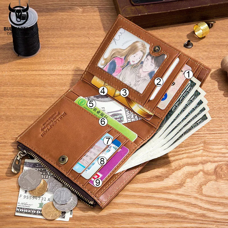 BULLCAPTAIN New Small Wallet Genuine Leather Wallets Coin Purse Quality Short Male Money Bag Rifd Hardware Pull Card Walletes