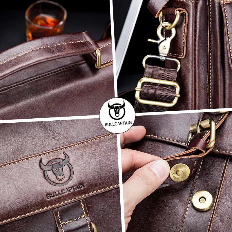 BULLCAPTAIN Men's Leather Shoulder Bag, Retro Business Crossbody Bag, Large Capacity Fashion Casual Youth Student Handbag