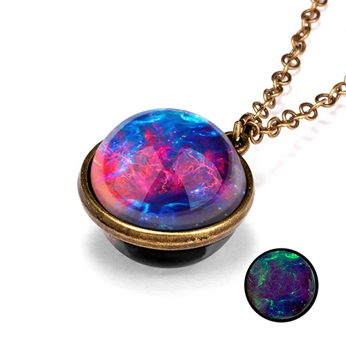 Unique Luminous Universe Galaxy Planet Glass Necklace Glow In The Dark Cosmic Ball Pendant Necklace for Unisex Vintage Jewelry