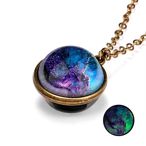Unique Luminous Universe Galaxy Planet Glass Necklace Glow In The Dark Cosmic Ball Pendant Necklace for Unisex Vintage Jewelry