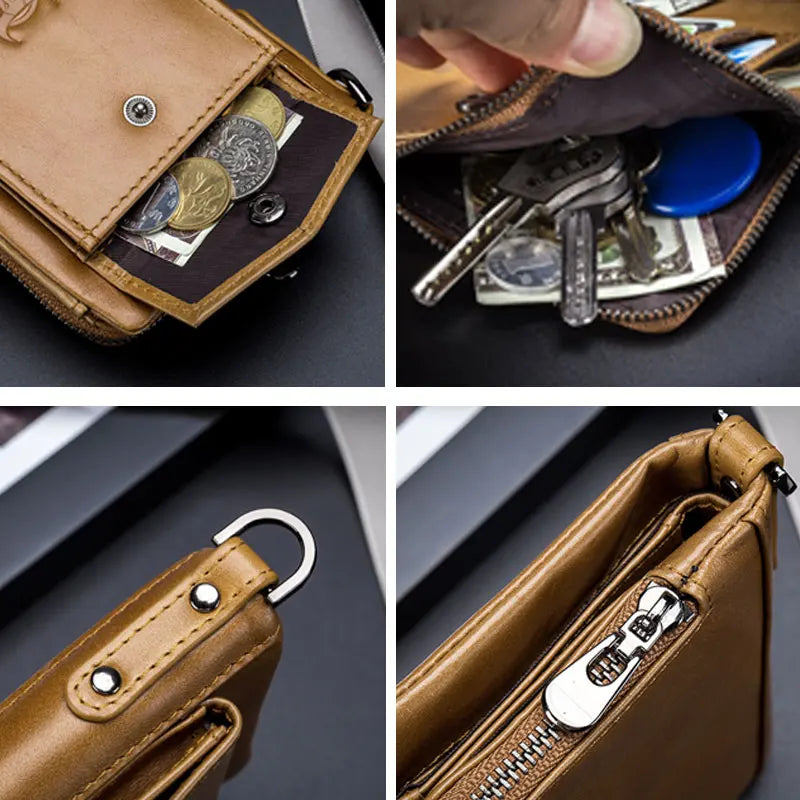 BULLCAPTAIN Leather Men's Wallet Double Coin Purse Small Mini Card Holder Pocket Business Wallet QB 057