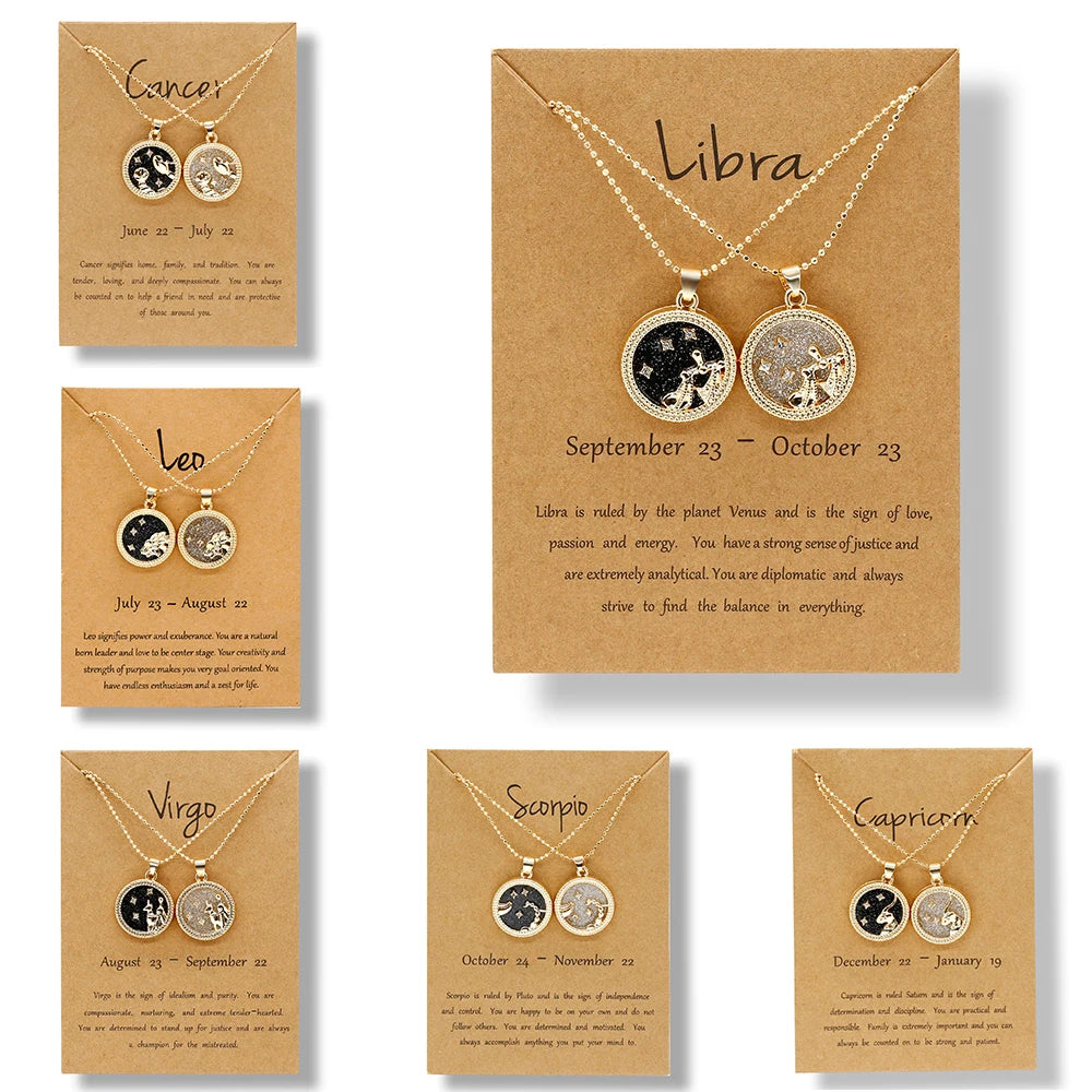Fashion 12 Constellation Necklace For Women Men Gold Color Chain Zodiac Sign Round Pendant Necklace Couple Jewelry Birthday Gift