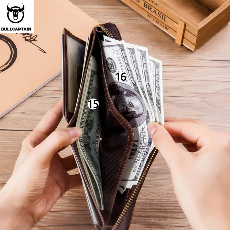 BULLCAPTAIN RFID Leather Men's Wallet Brand Wallet Retro Men's Short Coin Purse Zipper Wallet Card Holder Wallet