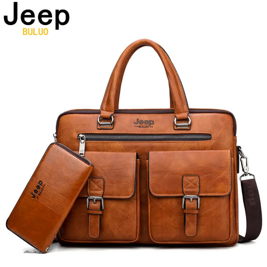 JEEP BULUO Brand Men Business Briefcase Leather Bag 2pcs/set Split for PC 13.3"