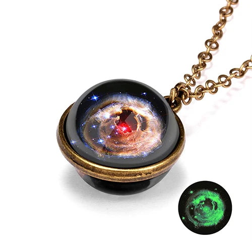Unique Luminous Universe Galaxy Planet Glass Necklace Glow In The Dark Cosmic Ball Pendant Necklace for Unisex Vintage Jewelry