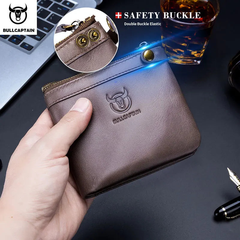 BULLCAPTAIN Leather Wallet Men's Zipper Wallet Men's Wallet Purse RFID Mini Wallet And Smart Design Zipper Buckle Wallet