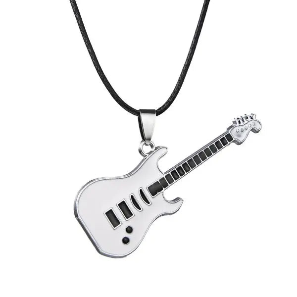 Fashion Cool Punk Black Stainless Steel Guitar Pendant Necklaces Men Women Leather Chain Hiphop Rock Collar Jewelry Dropshipping