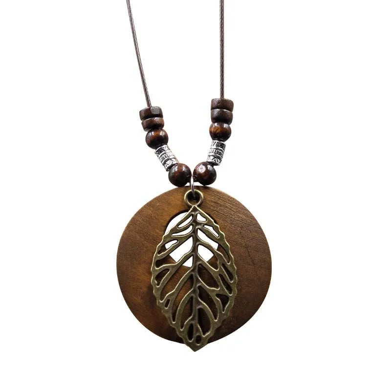 Vintage Fashion Winter Long Sweater Chain Necklace Handmade Wooden Round Pendant Necklace Famale Bijoux Collier Jewelry Gifts