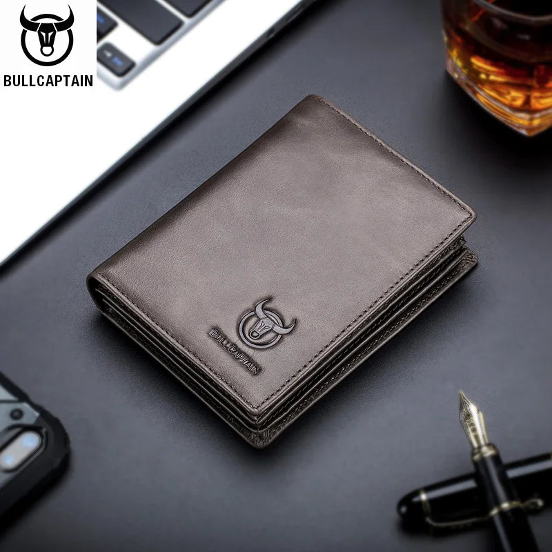 BULLCAPTAIN Men's Genuine Leather Wallet New RFID Locomotive British Leisure Multi Card Bag Large Capacity Waist Leather Wallet