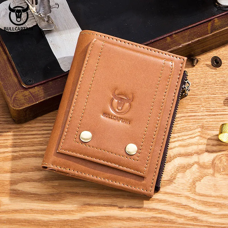 BULLCAPTAIN New Small Wallet Genuine Leather Wallets Coin Purse Quality Short Male Money Bag Rifd Hardware Pull Card Walletes