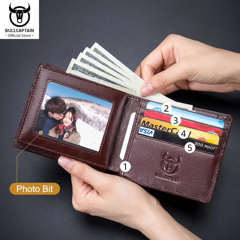 BULLCAPTAIN Fashion Big Logo Man Wallet High Quality RFID Wallet Coin Purse Compact Mini Card Holder Genuine Leather