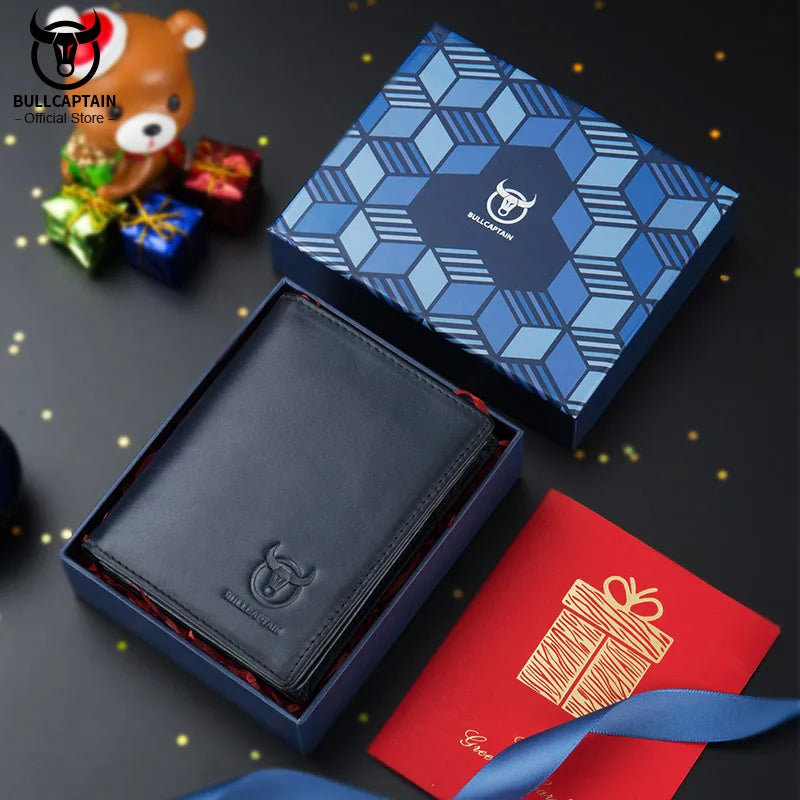 Bullcaptain Large Capacity Leather Bi-Fold Wallet Men's Gift Wallet's Compact Mini Credit Card Holder RFID Wallet Man
