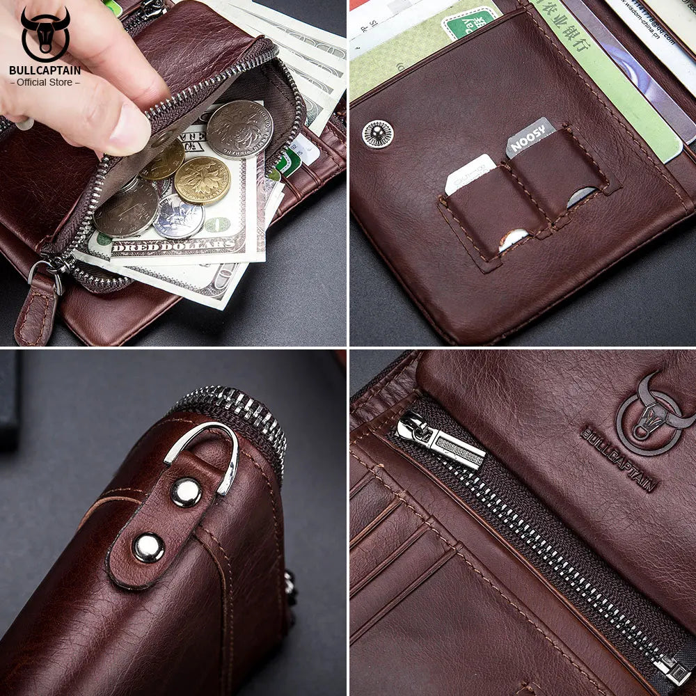 BULLCAPTAIN RFID Fashion Leather Men's Wallet Retro Short Wallet Clutch Bag Men's Zipper Wallet Card Case Coin Purse