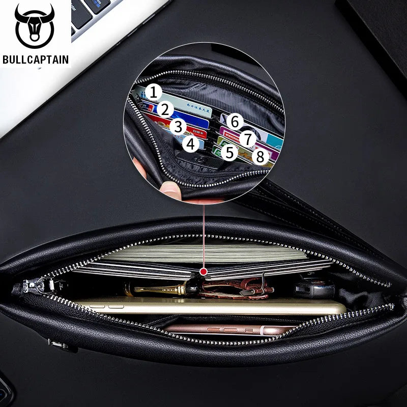 BULLCAPTAIN Brand Men's Wallet Clutch Bag Leather Men's Handbag Leather Fashion Men's Casual Bag Designer Ipad Handbag Suitable