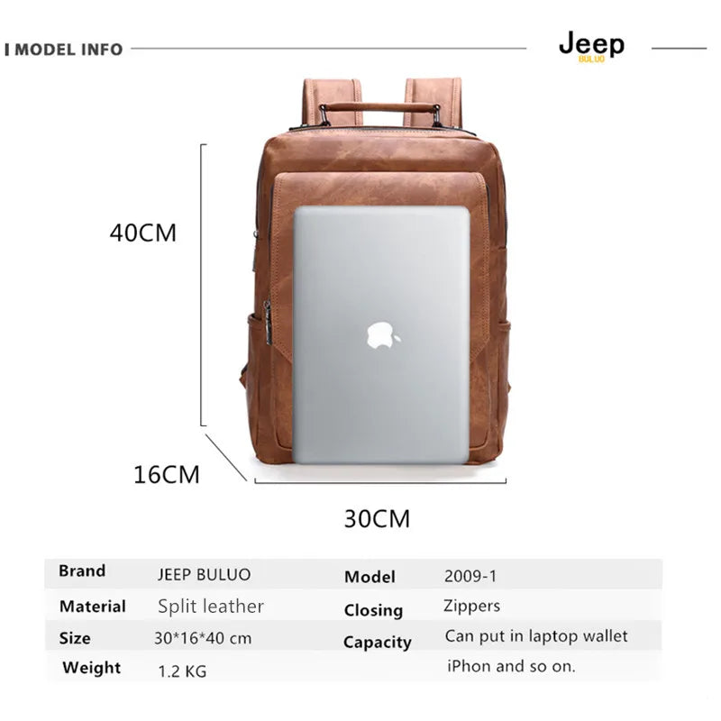 JEEP BULUO Men's Backpack Travel 15" Laptop Bag Waterproof PU Leather School Bag