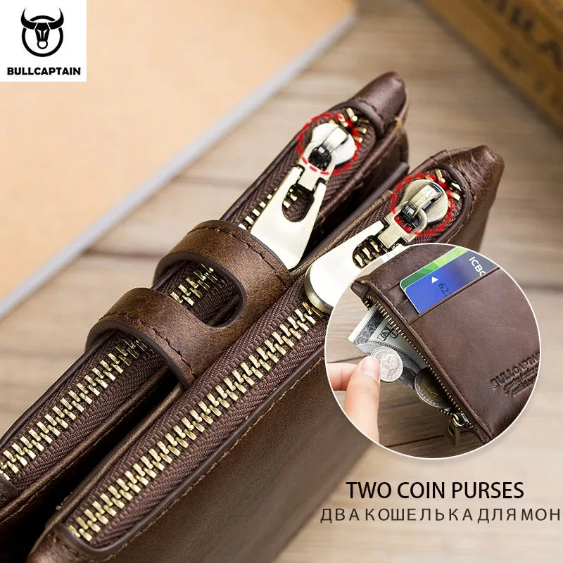 BULLCAPTAIN Genuine Leather RFID Men Wallet Credit Business Card Holders Double Zipper Cowhide Leather Wallet Purse Carteira 021