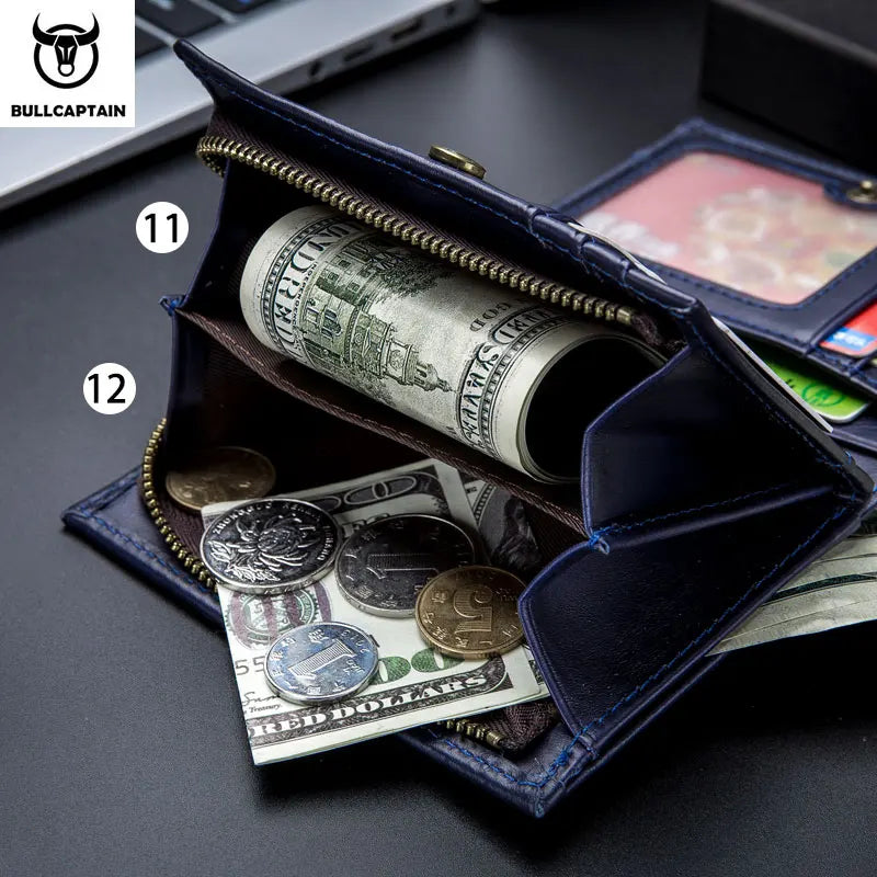BULLCAPTAIN RFID Men's Wallet Leather Men's Coin Purse Zipper Wallet Card Coin Wallet Holder Credit Card Bag