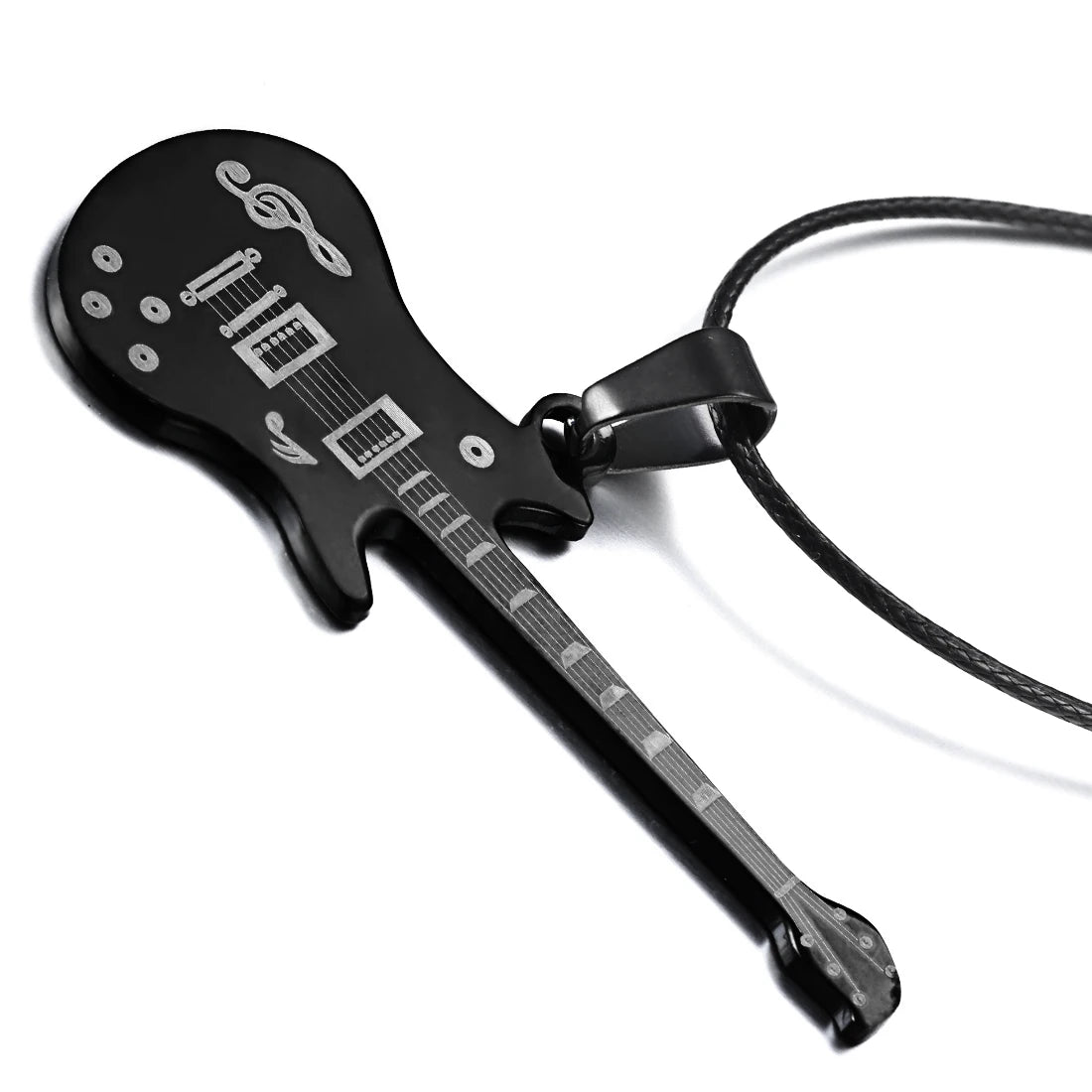 Fashion Cool Punk Black Stainless Steel Guitar Pendant Necklaces Men Women Leather Chain Hiphop Rock Collar Jewelry Dropshipping