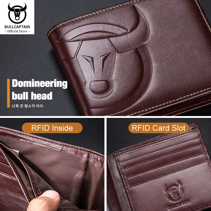 BULLCAPTAIN Fashion Big Logo Man Wallet High Quality RFID Wallet Coin Purse Compact Mini Card Holder Genuine Leather