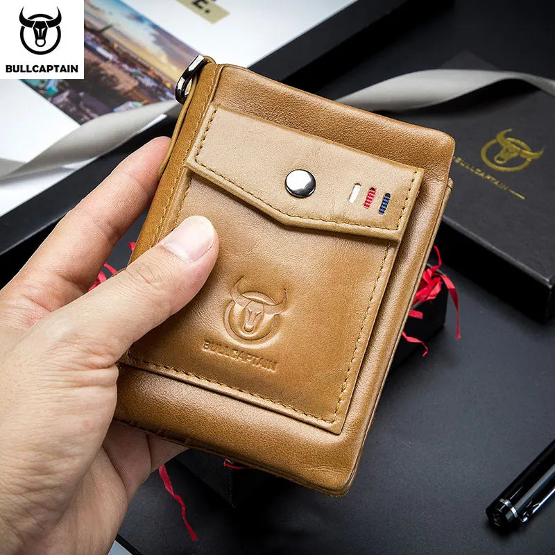 BULLCAPTAIN Leather Men's Wallet Double Coin Purse Small Mini Card Holder Pocket Business Wallet QB 057